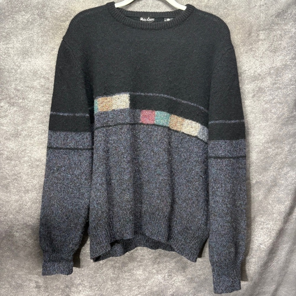 Vintage Marc Lewis 100% Wool Colorblock Sweater Mens L Gray Black Made in Italy